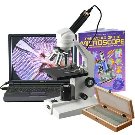 AmScope 40X-1000X Sturdy Metal Body Student Microscope + USB Camera, 50 Slide Set & Book New