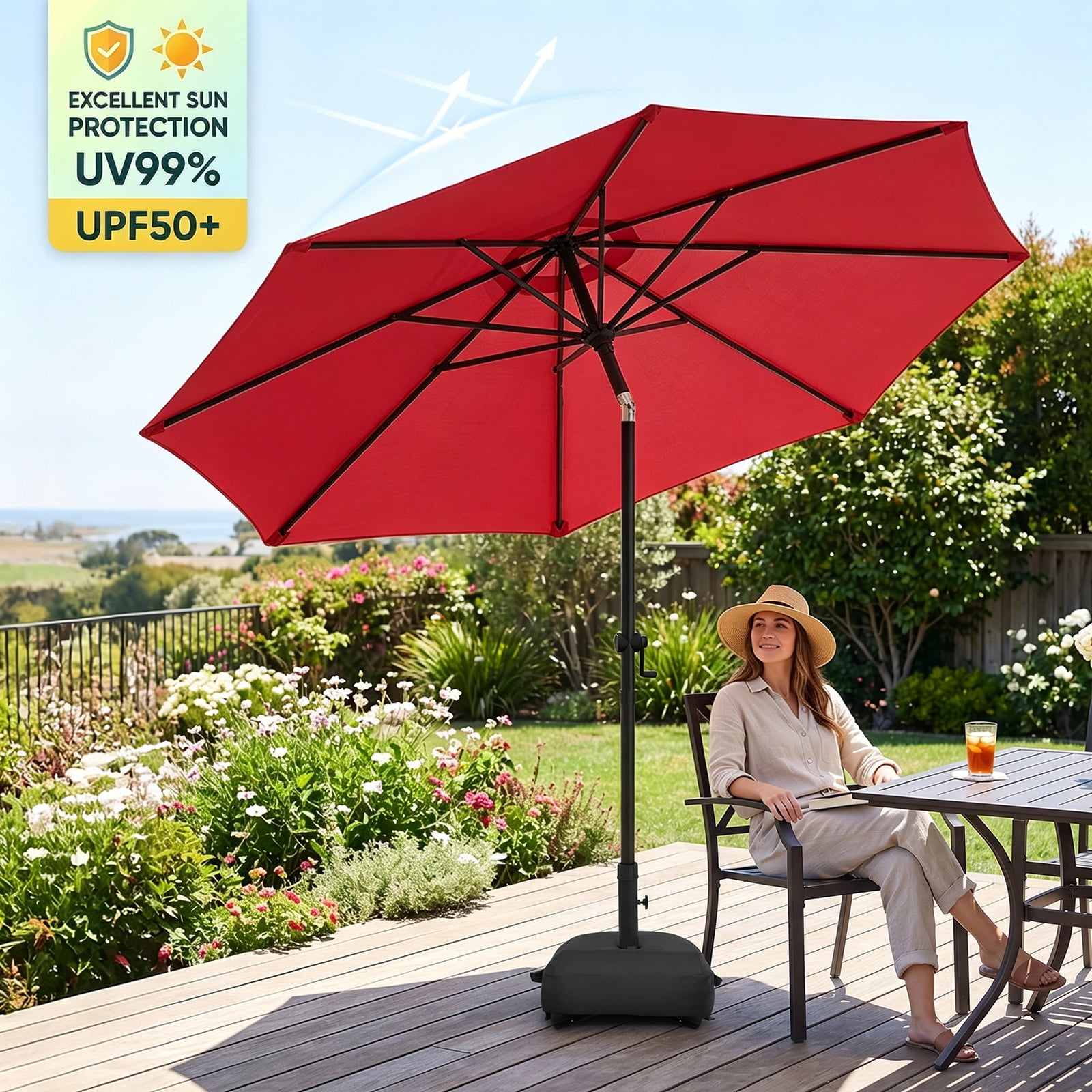 10FT Patio Umbrella (Base Included), 8 Heavy-Duty Ribs, Fade & Waterproof Polyester DTY Canopy for Outdoor Areas: Garden, Deck, Pool & Backyard, Red