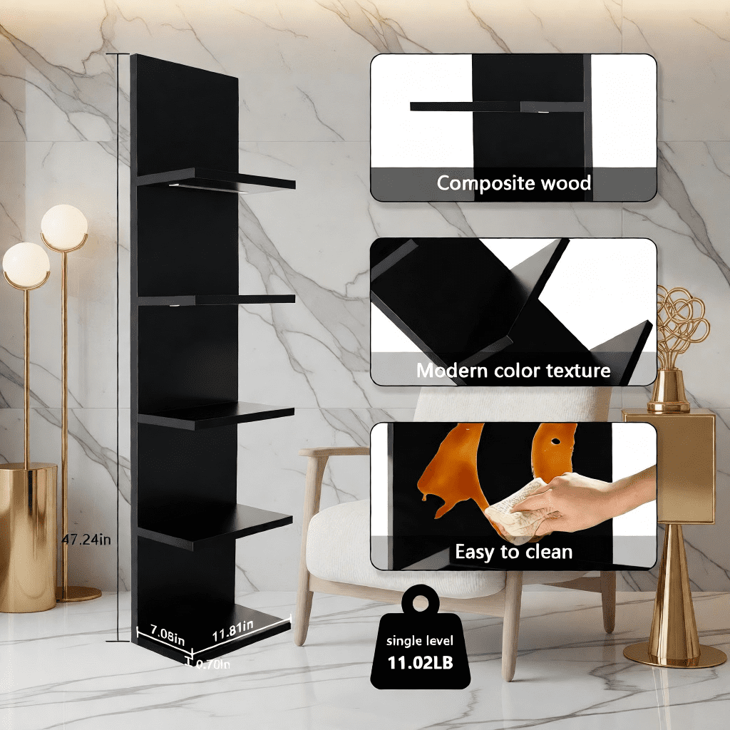 Black 5 -Tier Remote Control RGB Lighted Wall Floating Shelf Bookcase Bedroom Living Room Wall Storage Cabinet