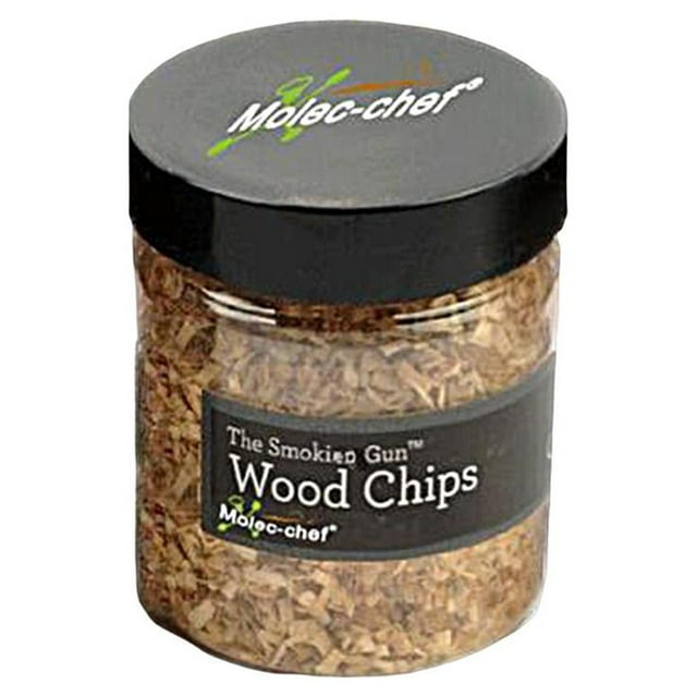 Extra Fine Chips Wood Sawdust Shavings for Smoke Cherry, packaged in a resealable container with Molec-chef branding. Made from real wood chips, ideal for grilling fuels, fire starters, gas grills, smoke boxes, and cocktail smoke infusers. Provides a delicate smoky flavor and weighs 60g.