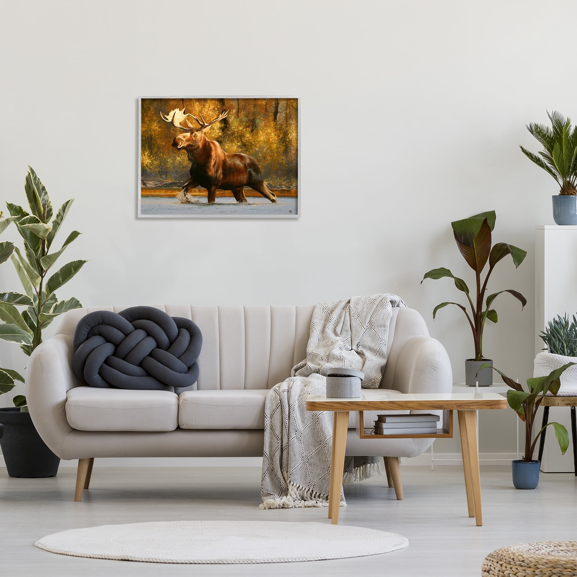 Stupell Industries Moose Stepping River Foliage Animals & Insects Photography Gray Framed Art Print Wall Art, 30 x 24