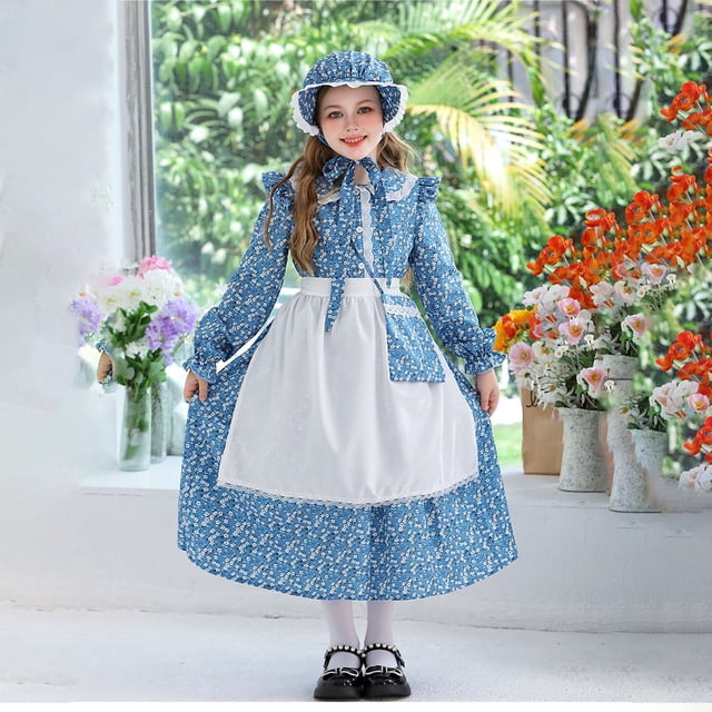 TIMIFIS Robe Mignonne de Prairie pour Filles, Manches Longues, Col Rond, Robe Midi Vintage des Années 1800 avec Tablier et Bonnet, Robes Florales pour Enfants