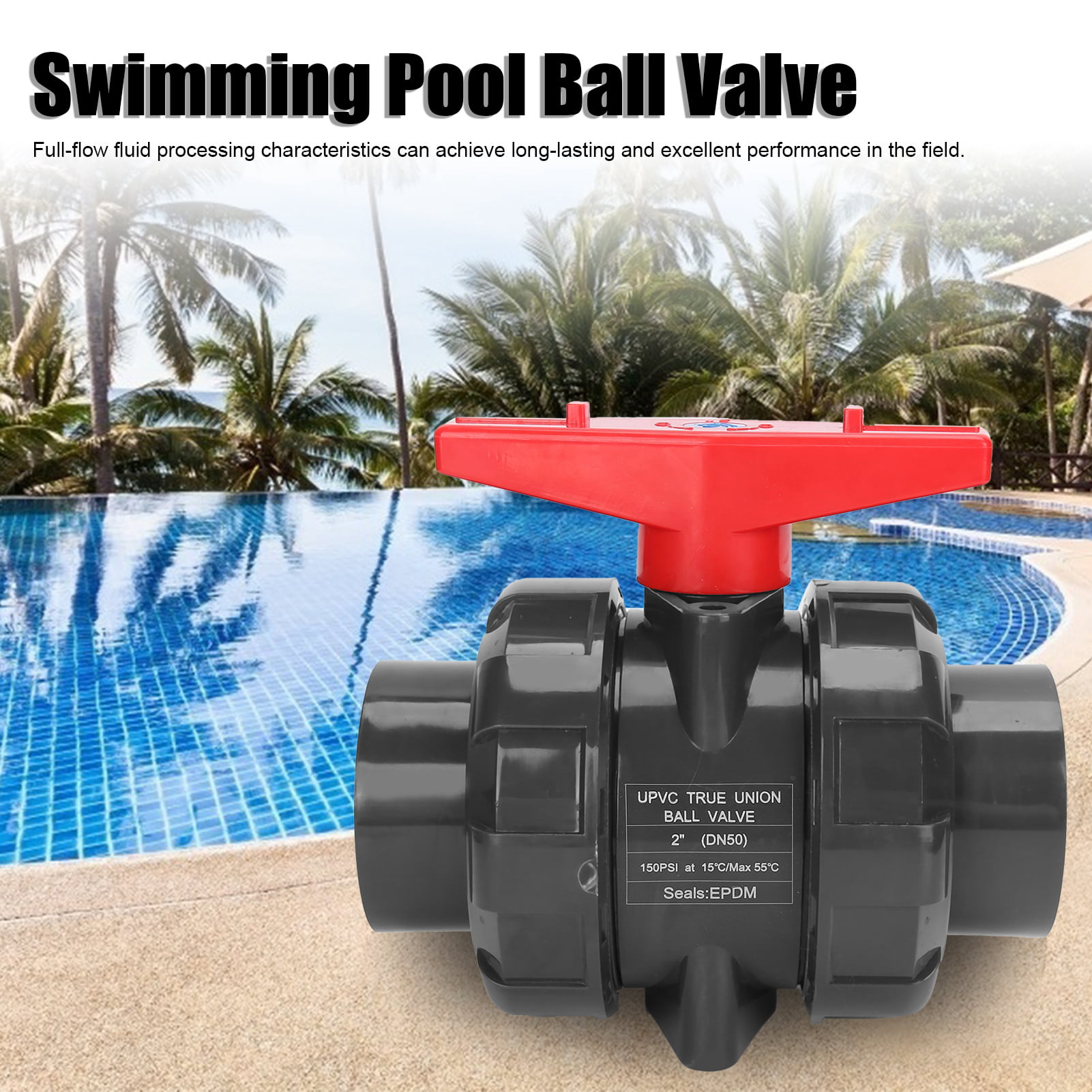 01 Ball Valve 2 EPDM O‑Rings and 2 PTFE Valve Seats,DN50 G2 PVC Double Union Compact Ball Valve for Swimming Pool Aquarium Fittings Accessory