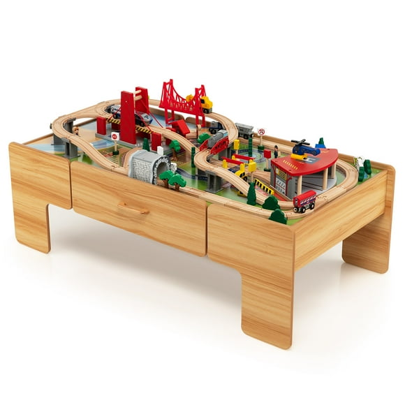 Costway Kids Wooden Train Set & Double-Sided Table Playset w/100 Pieces & Storage Drawer