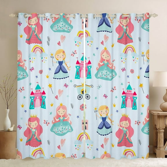 Erosebridal Little Princess Curtains for Living Room,Kawaii Girls Blackout Curtains Set of 2(38x45),Blue Carriage Caslte Curtains and Drapes(38x45) For Girls,Ultra Soft Room Decor