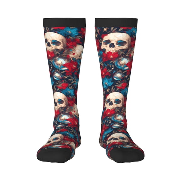 Hirioo Skull red flower blue for Adult Stockings Breathable Sock Non-Pilling,Contrasting Color Design