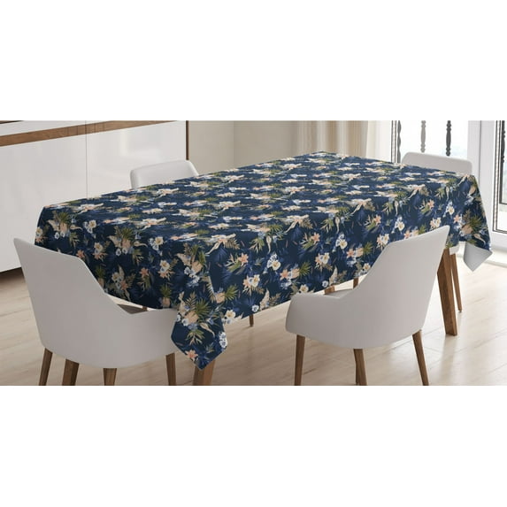 Navy Blue Tablecloth, Tropical Composition of Monstera Leaf Summer Fruits Lily Hibiscus Flowers, Rectangle Satin Table Cover for Dining Room and Kitchen, 60" X 90", Indigo Multicolor, by Ambesonne