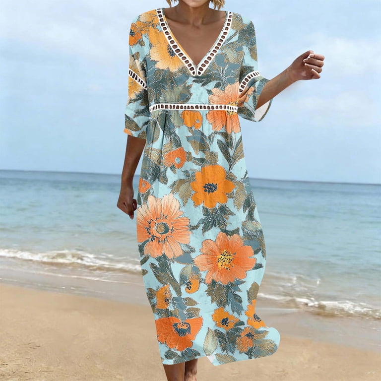 Yuxingfu Church Dresses for Women Plus Size Mid-Length V-Neck Plus Size Womens Dress 3/4 Sleeve with Pockets Casual Summer Multicolor S, Women's, Size