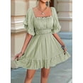 thumbnail image 6 of Women'S Summer Off Shoulder Mini Dress Ruffle Sleeve Elastic Waist Ruffle Hem Cute Beach Elegant Short Dresses Green XL, 6 of 8