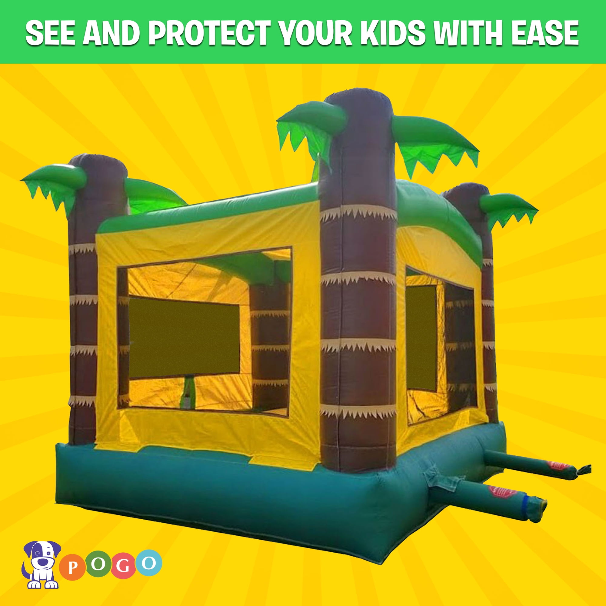 Pogo Bounce House Crossover Duo, Tropical Kids Bounce House and Rainbow Inflatable Water Slide