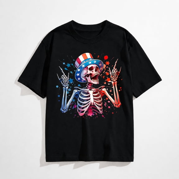 Party in The USA Rock Hand July 4th Funny American Skeleton T-Shirt for Women Men