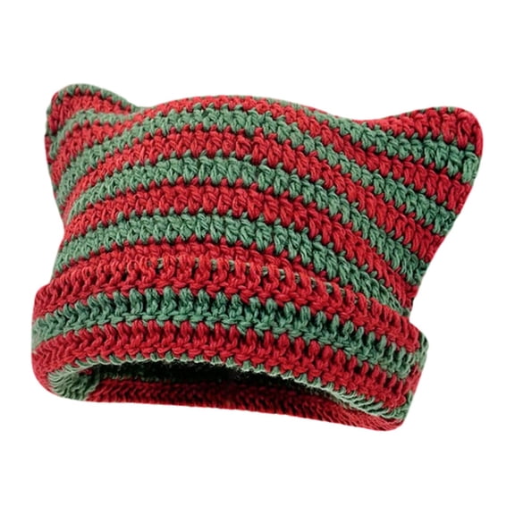vnanda Warm Beanie Women's Kitty Ears Striped Knit Hat Soft Warm Windproof Winter Beanie Adults Knitted Hat