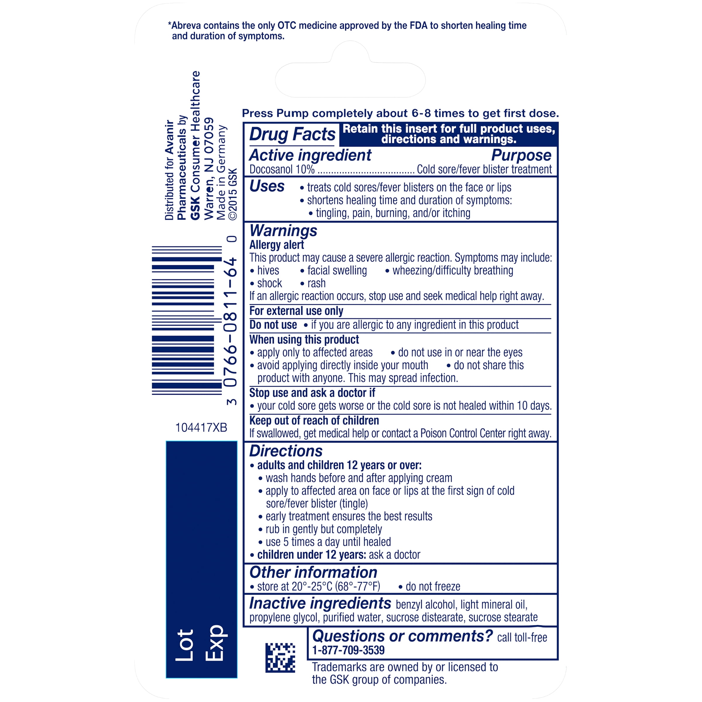 Abreva Cold Sore/Fever Blister Treatment Cream Pump 0.07 oz