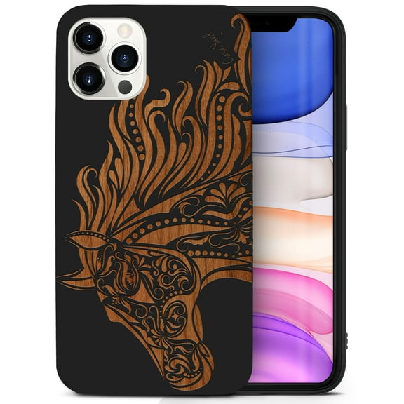 Case Yard Wooden Case for iPhone-12/12-Pro Soft TPU Silicone cover Slim Fit Shockproof Wood Protective Phone Cover for Girls Boys Men and Women Supports Wireless Charging Horse Head Design