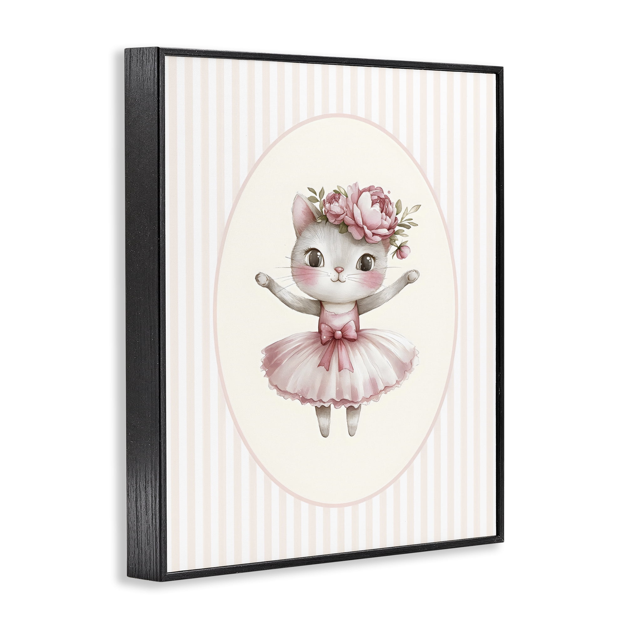 Stupell Industries Nursery Ballerina Cat Striped Black Framed Giclee Art, design by LSR Design Studio