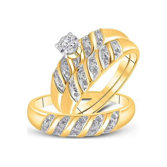 FB Jewels 10kt Yellow Gold His Hers Round Diamond Solitaire Matching Bridal Wedding Ring Band Set 1/20 Cttw