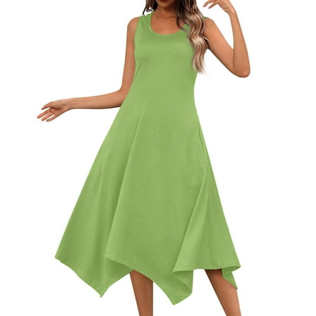 Biziza Green Trendy Casual Dresses for Women Long Solid Color 2025 Basic Sleeveless Elegant Dresses Round Neck Irregular Hem Lightweight Cotton Stretch Polyester Corset Dress