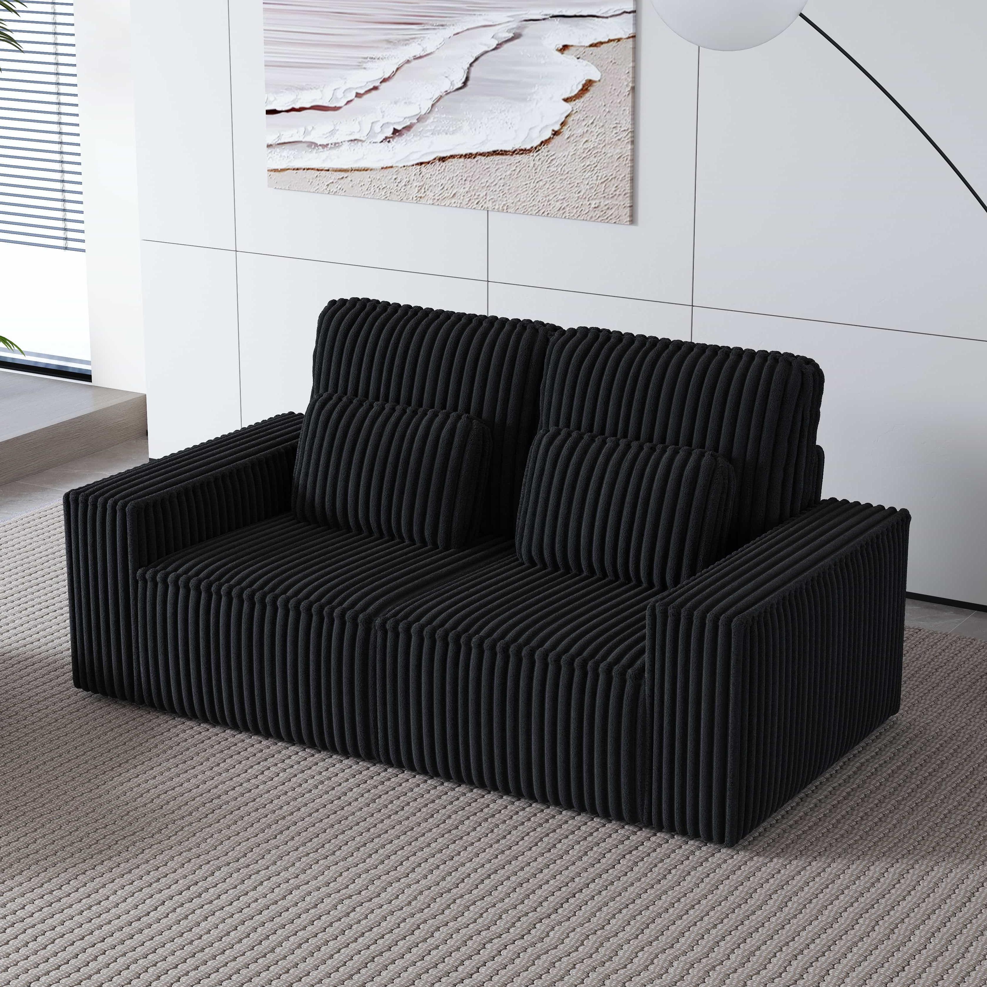 BSHTI Classic Corded Comfort Sofa with Pillows, Double-seater sofa, Corduroy Upholstery, removable back cushions, Easy to assemble, Black