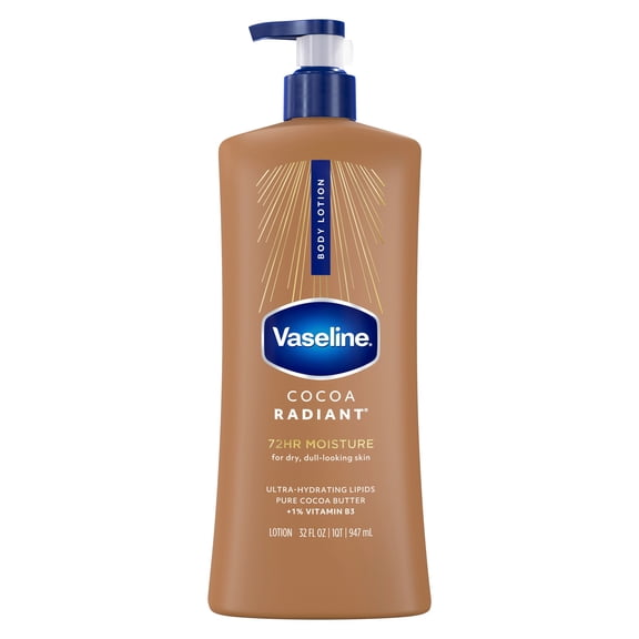 Vaseline Intensive Care Body Lotion for Dry Skin Cocoa Radiant Lotion Made with Ultra-Hydrating Lipids and Pure Cocoa Butter for a Long-Lasting, Radiant Glow, 32 fl oz