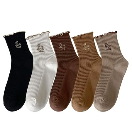 

Zrylibya Women s Ruffle Frilly Rib Knit Crew Socks Floral Embroidery Scalloped Pointelle Casual Ankle Socks 5 Pairs (Multicolor B)