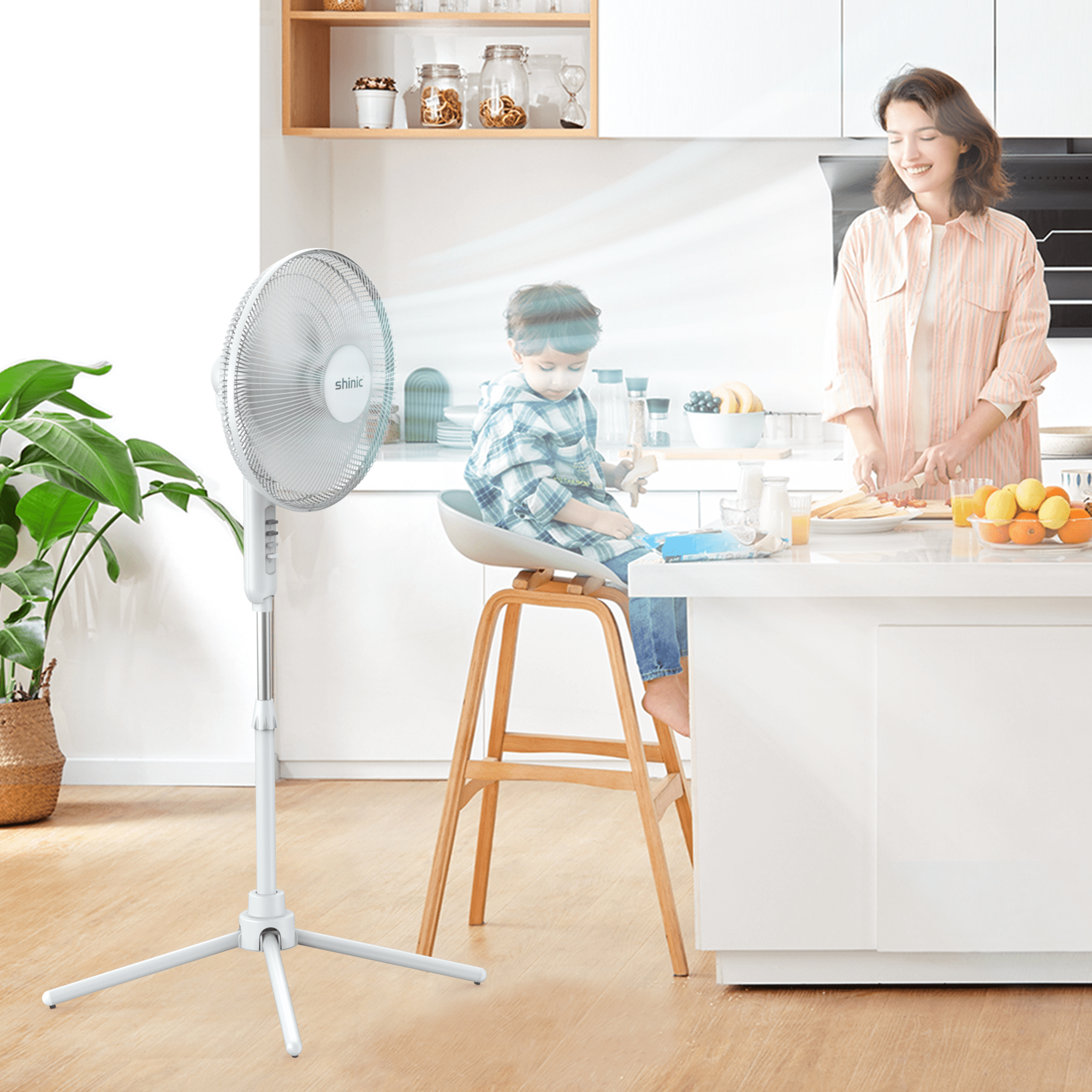Shinic 16" 3-Speed Oscillating Pedestal Fan with Folding Base, Adjustable Height and Tilt,41"- 47", White