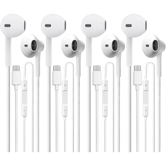 USB C Headphones – 4-Pack, USB Type C Earbuds, Hi-Fi Stereo Wired Earphones with Microphone & Volume Control, Compatible with Samsung Galaxy S23/S22/S21, Google Pixel 6/5/4XL, iPad Pro