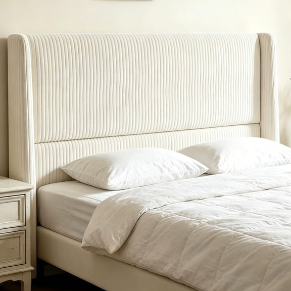 Upholstered Headboard, 50.6" Tall Wingback Corduroy Bed Headboard with Channel Tufting, Soft Padded Backrest, Cream