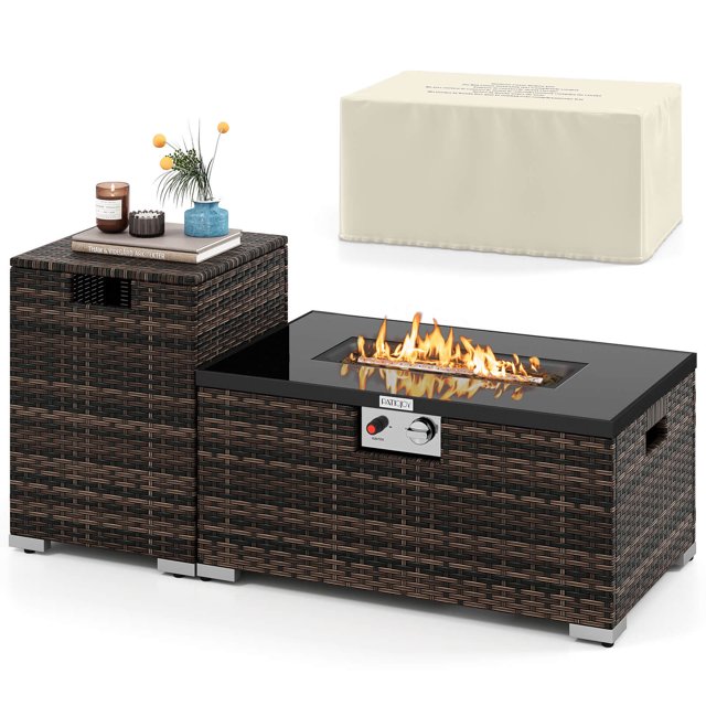 Costway Ensemble de 2 Pcs de Table à Feu d'Extérieur en Rotin avec Couvercle de Réservoir, Plateau en Verre Trempé, Brun