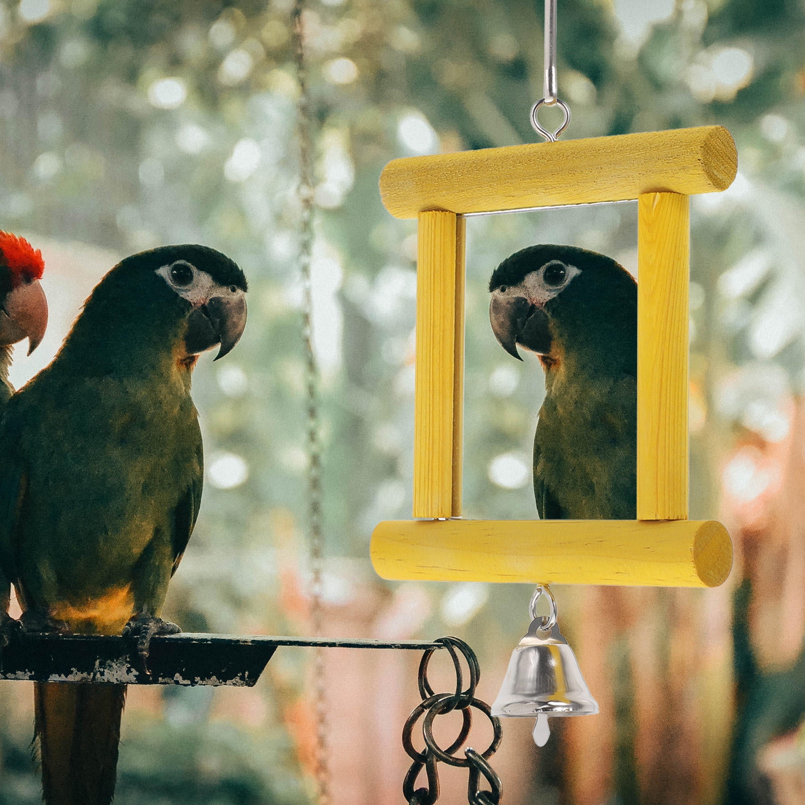 Alasum Yellow Hanging Parakeet Mirror with Bell Durable Bird Cage Accessory for Parrot Entertainment