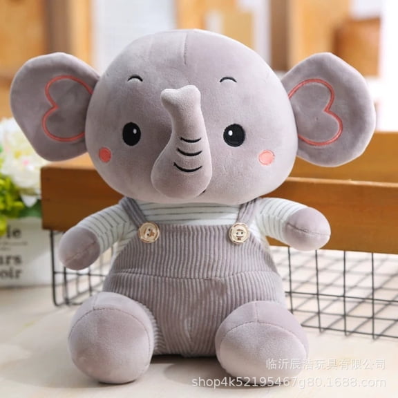 Cute Grey Elephant Plush Toy with Overalls, Soft Stuffed Animal Doll, Adorable Wear‑Clothes Elephant Plushie for Baby Kids Nursery Decor Birthday Gift
