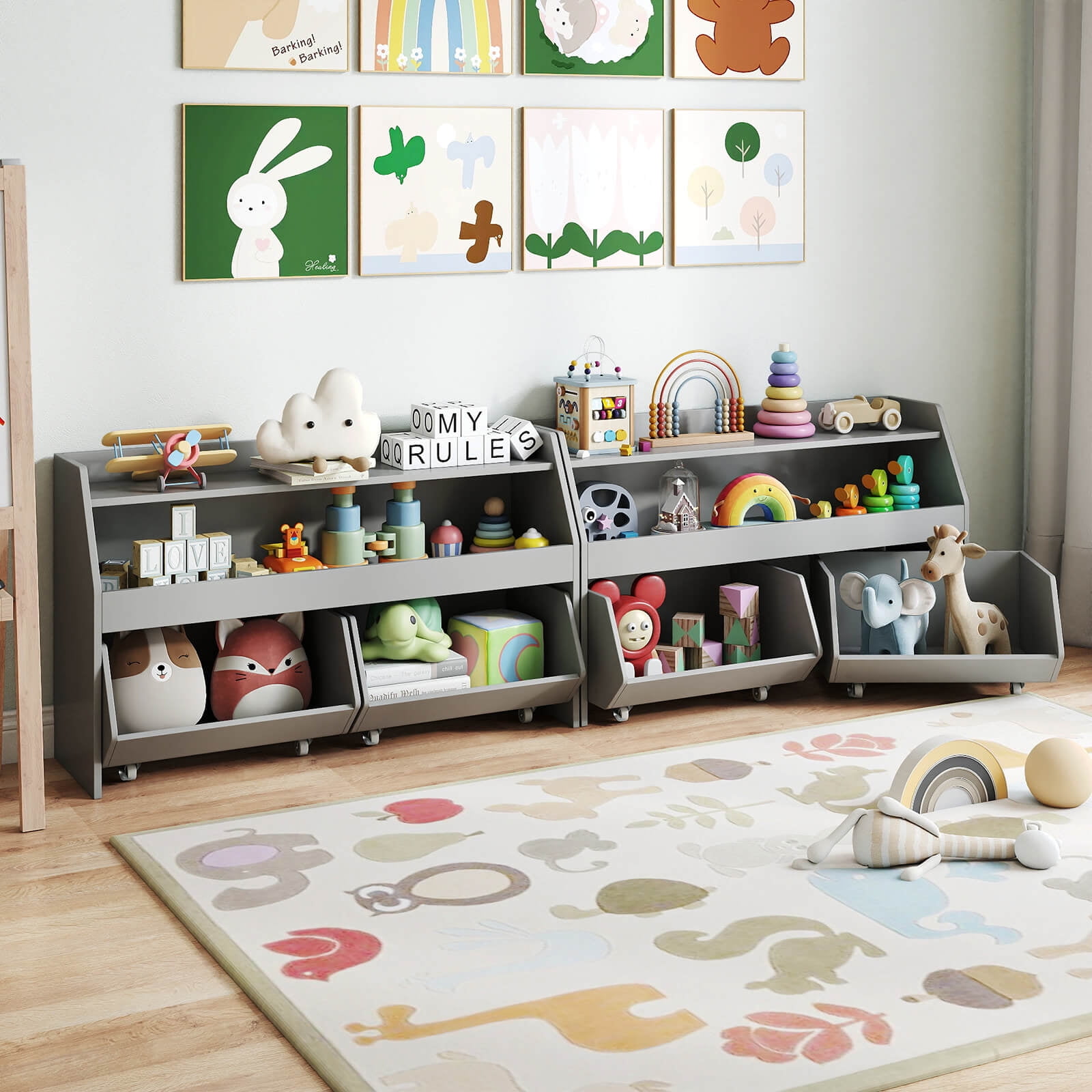 Costway Kids Toy Storage Organizer with 2 Movable Drawers Open Shelf Compartment for Kids Gray