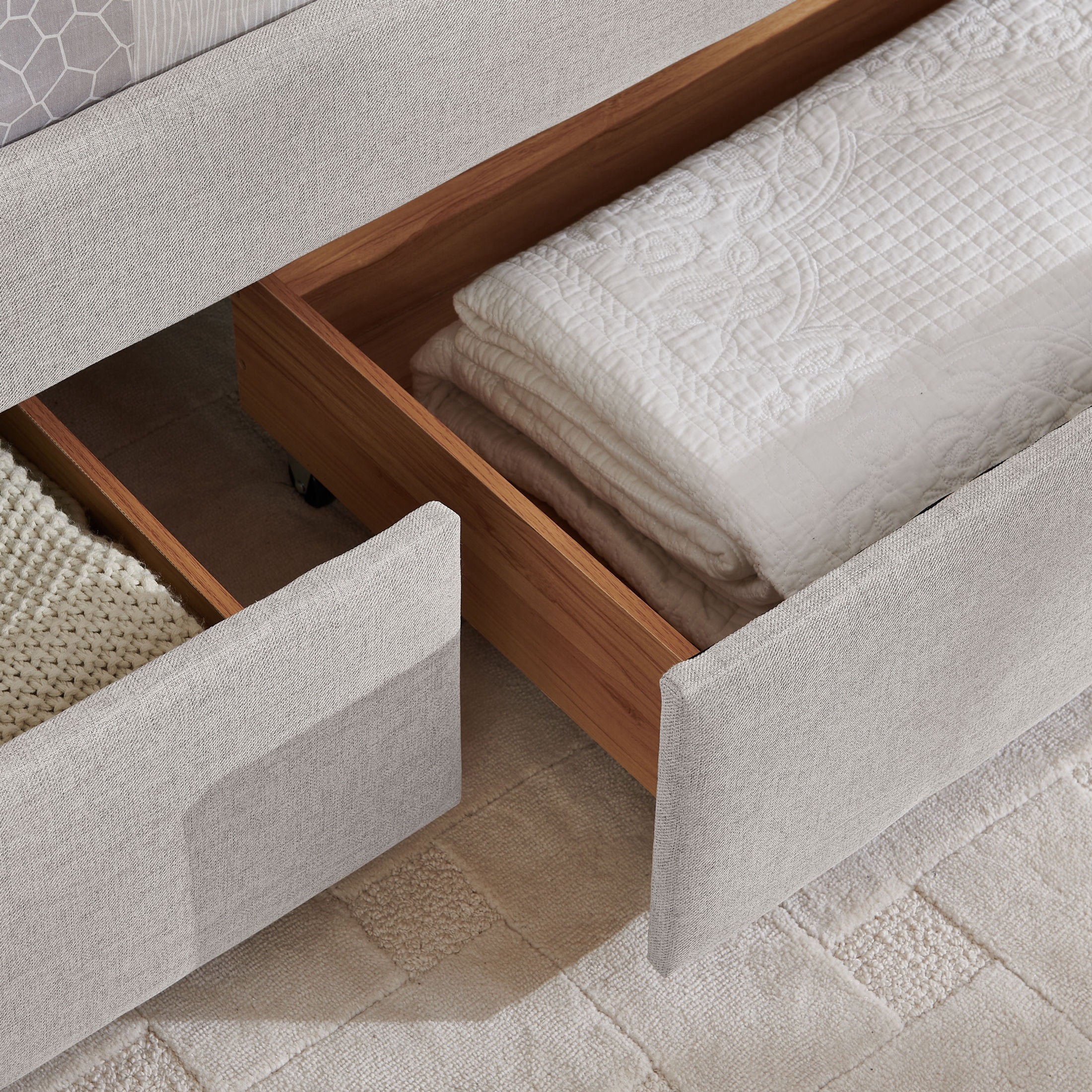 Noble House Solley Queen Size Daybed with Vertical Stripes & Storage Drawers, Linen Upholstered Sofa Bed, Beige