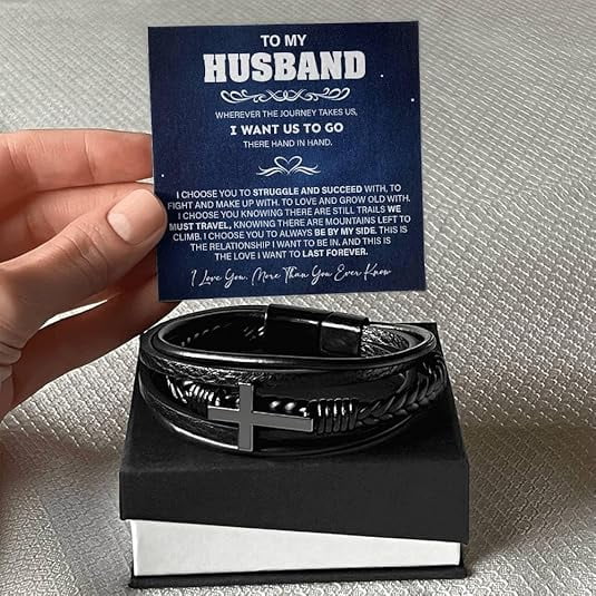Gift For Husband Cross Bracelet with Message Card and Box, To My Husband Cross Bracelet, Gifts for Men, Birthday Gift Bracelet for Husband from Wife