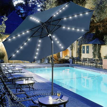 Autlaycil 10 ft Solar Patio Umbrellas with 40 LED lights for Market Outdoor Pool  Steel Tilt Crank  Navy Blue