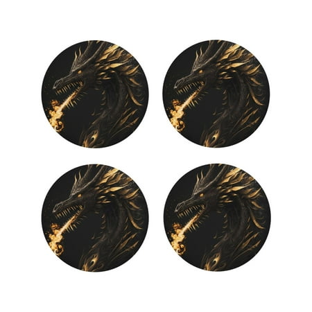 

Junzan Black And Gold Fire Dragon Print Coasters for Drinks - Leather Coasters Set of 4 for Coffee Table for Housewarming/Kitchen/Bar/Decor-Round Shape