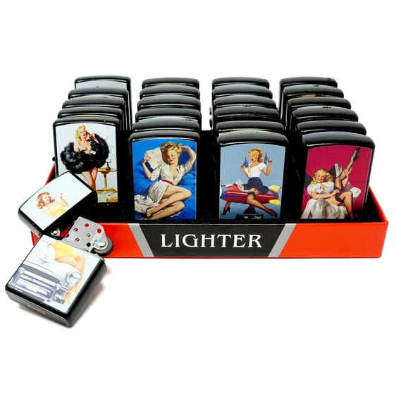 Vintage Retro Pin Up Girl 24 PCs Mix Design Wind Proof Oil Lighters - Pack of 24 -