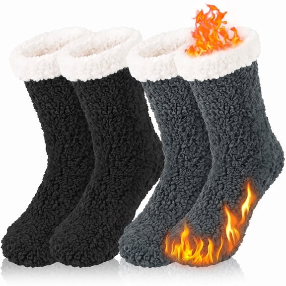 Loritta Secret Women's Fuzzy Slipper Socks 2 Pairs Winter Cozy Warm Thick Socks with Non-Slip Grippers