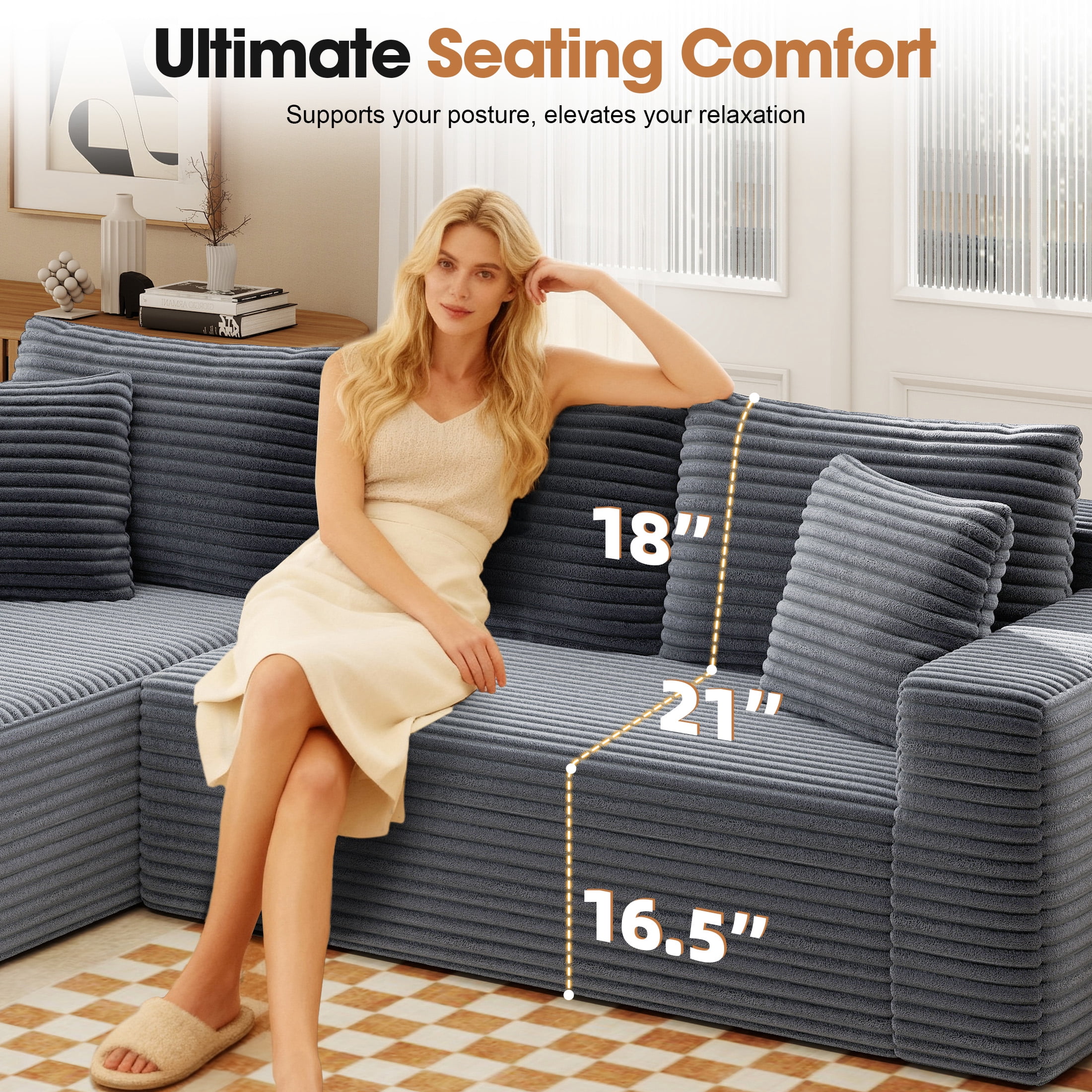 Aukfa Modular Sectional Sofa with Chaise, 95" Boneless Cloud Couch for Living Room, Gray