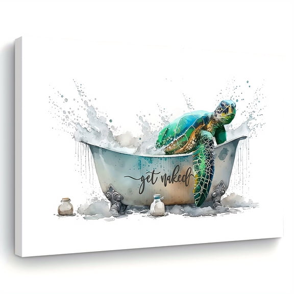 [Coastal Vibes Wall Art] Unique "Get Naked" Wooden Framed 1pc Turtle Canvas Wall Art - Coastal Vibes Bathroom Decor