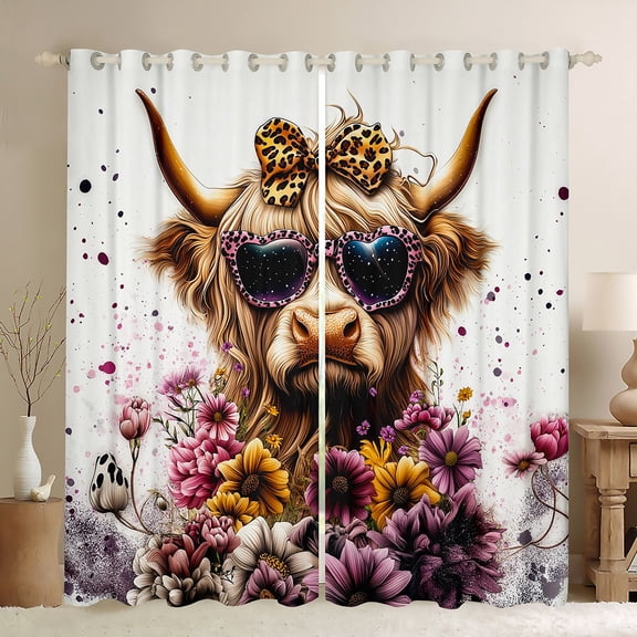 Manfei Funny Highland Cattle Curtains Pack of 2 (42x84 Each), Vintage Blossoms Curtains Blackout, Rustic Lodge Cabin Bedroom Curtains, Luxurious Room Decor