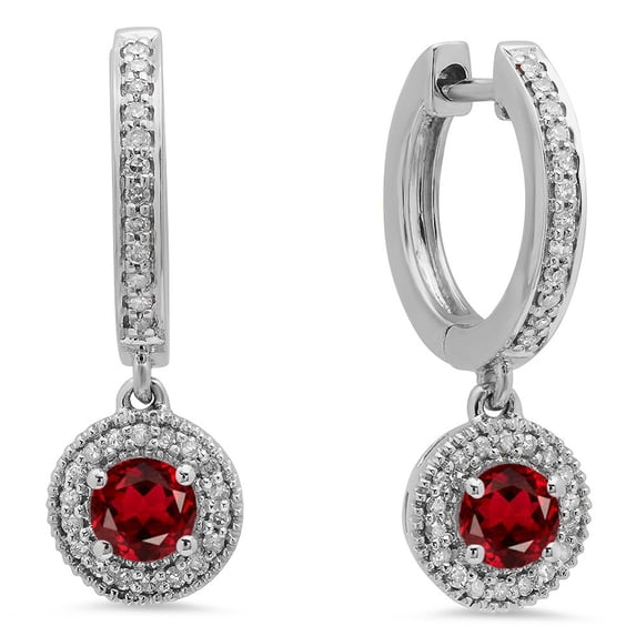 0.70 Carat (ctw) 18K White Gold Round Garnet & White Diamond Ladies Halo Style Dangling Drop Earrings 3/4 CT
