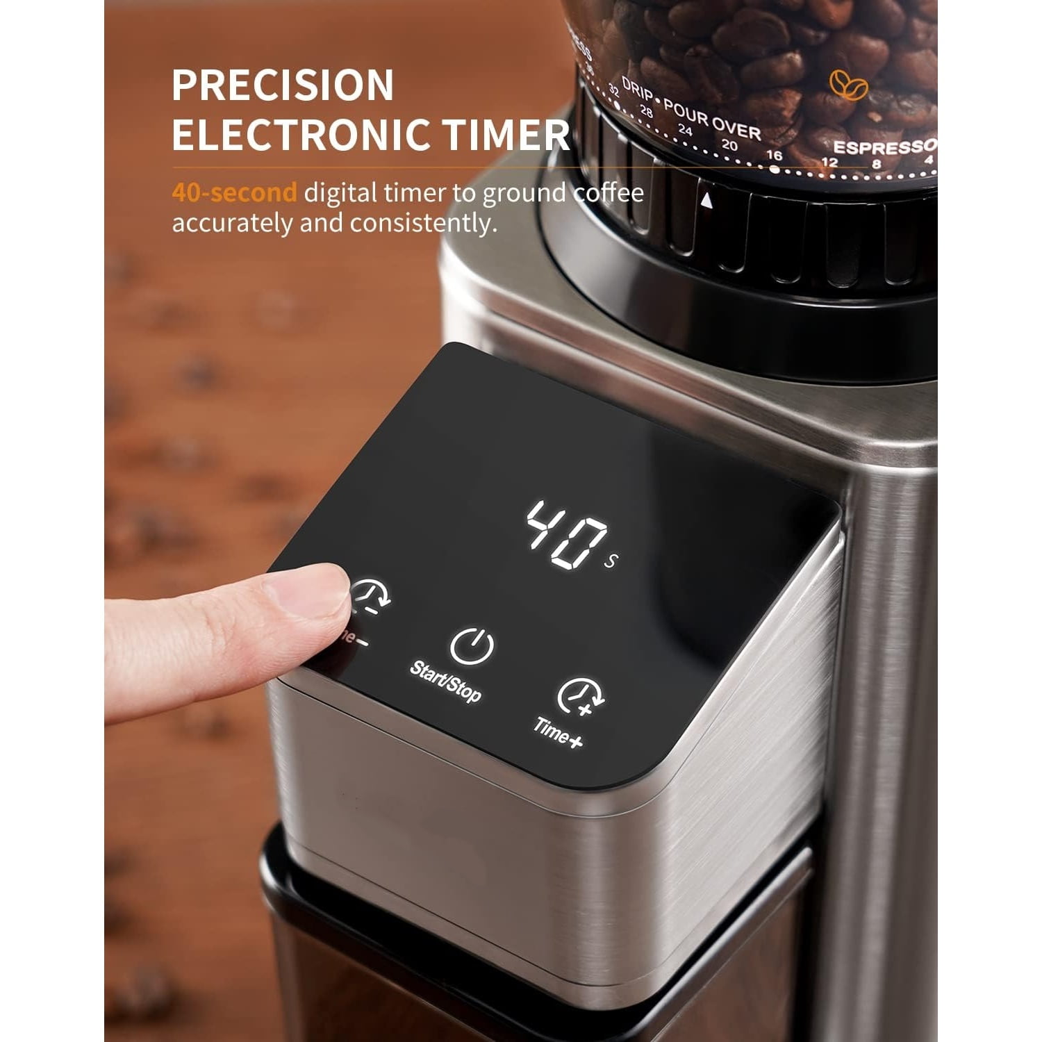 Professional Conical Burr Coffee Grinder, Coffee Bean Grinder with 48 Grind Settings for Espresso, Drip & French Press, Upgraded Anti-Static Technology, Precision Timer, Stainless Steel