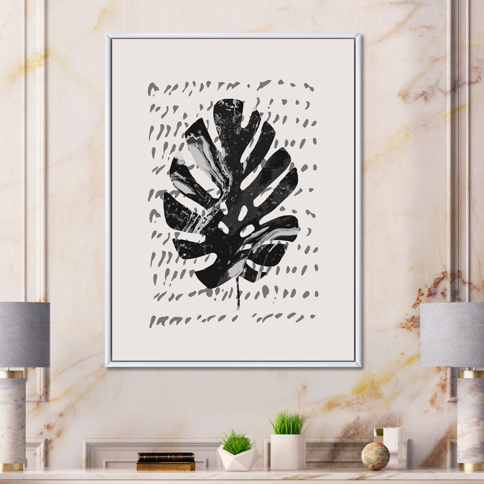 Designart 'Minimal Tropical Palm Leaf Over Grunge Texture' Tropical Framed Canvas Wall Art Print
