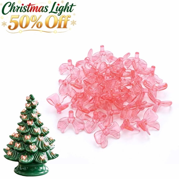 50 Pack Mini Christmas Tree Replacement Bulbs, Acrylic Pink Bow Shaped Light Covers for Vintage Ceramic Christmas Tree Wreath Garland Table Centerpiece Indoor Xmas Holiday Home Party Decoration