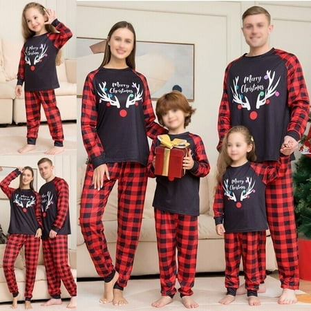 

Christmas Reindeer Crew Neck Top and Pants Family Matching Pyjamas Xmas Nightwear Pjs Sleepwear Set Long Sleeve Outfit Clothes Homewear