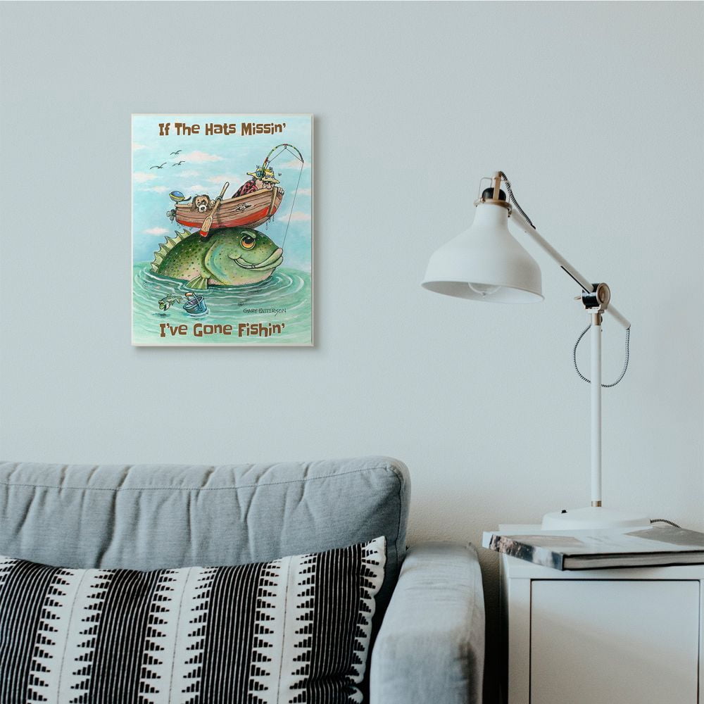 Stupell Industries Hats Missing Gone Fishing Funny Sports Cartoon Design Sports Painting Unframed Art Print Wall Art, 13 x 19