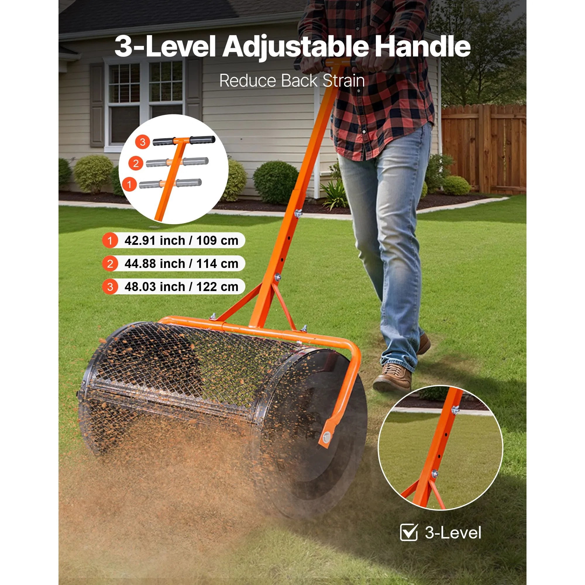 Compost Spreader, 24 in Wide Peat Moss Spreader with T Shaped Handle, 3 Heights Adjustable, Powder-Coated Steel Garden Peat Moss Roller, Heavy Duty Grass Seed Spreaders for Planting Seeding