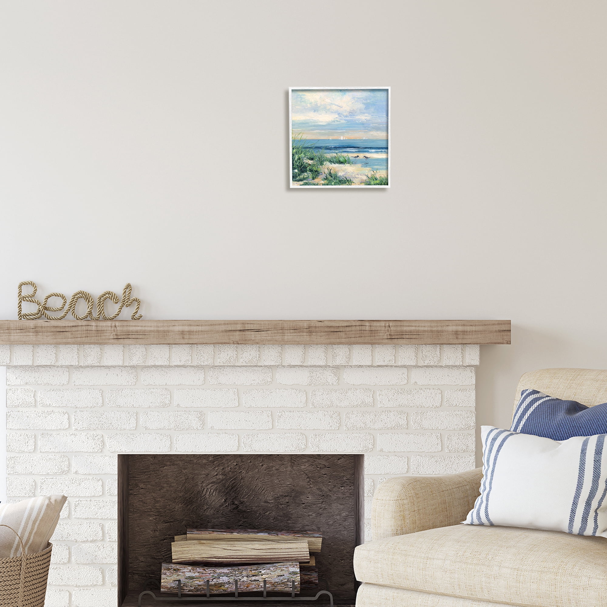 Stupell Industries Nautical Beach Reeds Birds Grazing Shoreline Coastal Painting White Framed Art Print Wall Art