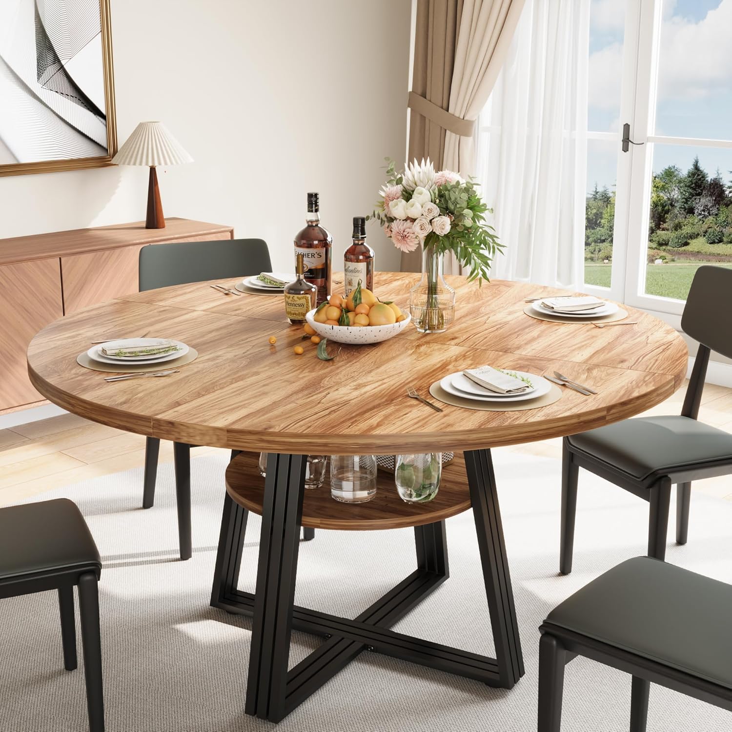 JoanKaren 47.2" Farmhouse Round Dining Table,Circle Dining Table for Kitchen Dining Room,Storage and Metal Square Legs,Retro