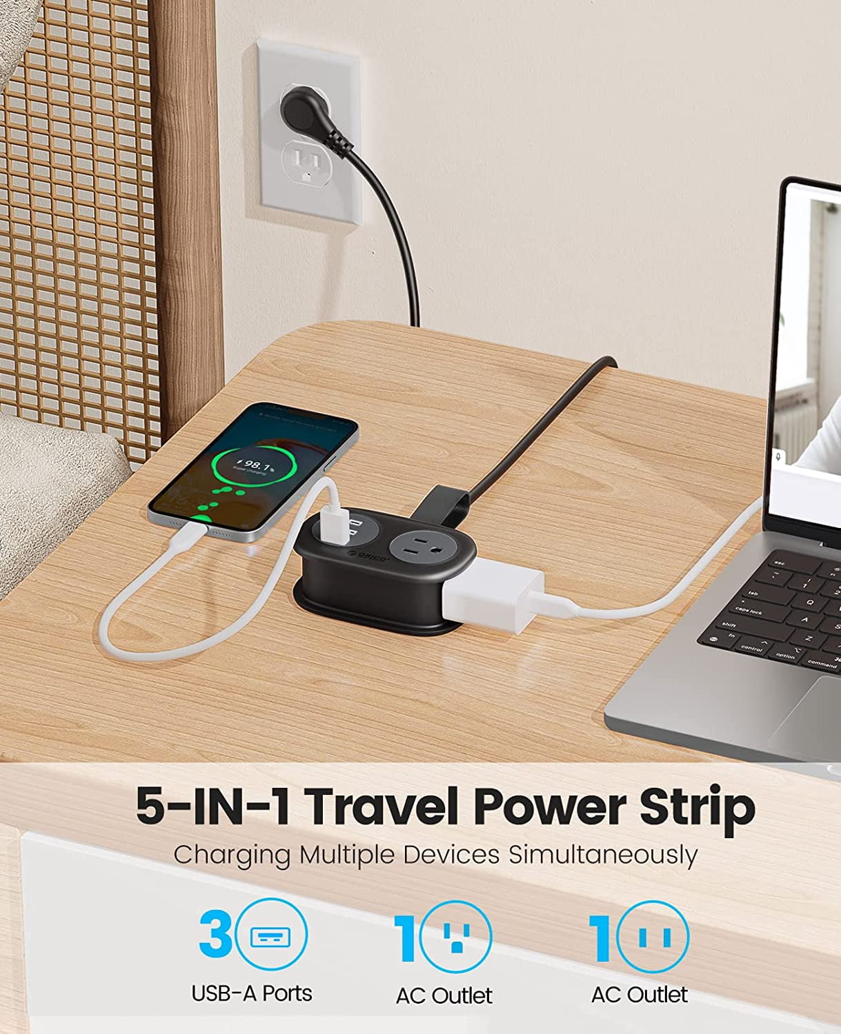 ORICO Travel Power Strip, 3.7FT Portable Power Strip with 2 AC Outlets 3 USB Ports, Wrapped Flat Plug Travel Extension Cord, Multi Plug Extension Cord for Travel, Cruise, Office, Hotels